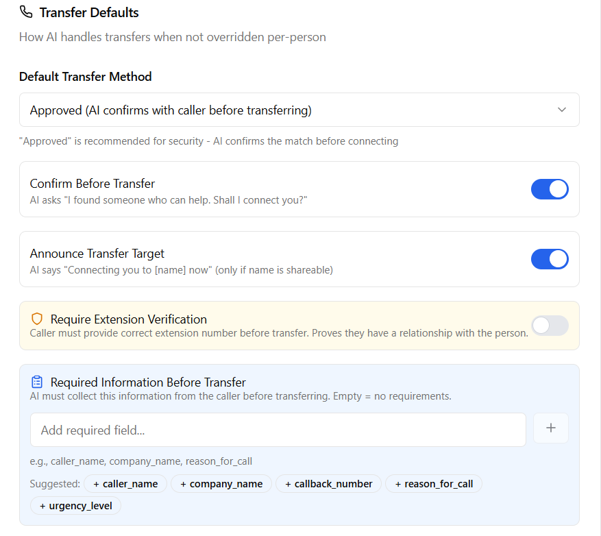 PhoneFlow required-fields configuration with suggested fields like caller_name, company_name, callback_number, reason_for_call, urgency_level